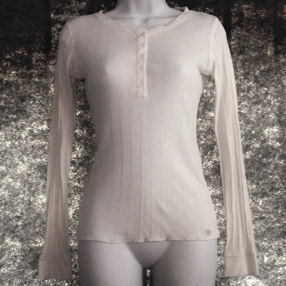 AEROPOSTALE White Ribbed Button Long Sleeve Shirt